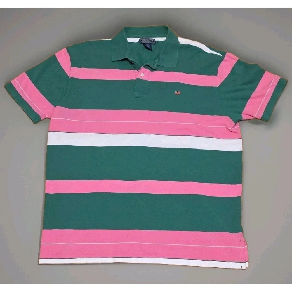 Polo Jeans Co Ralph Lauren Rugby Green Pink White Stripped Polo Shirt Vintage L